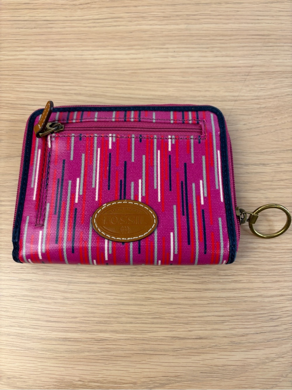 Fossil Key Per Hot Pink Striped Vinyl Zip/Passport‎ Wallet Gold Tone Key Ring
